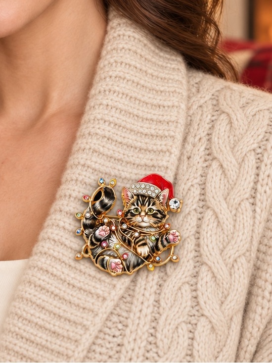 Anthropologie Jewelry - Christmas Tabby Cat Santa Festive Gold Brooch